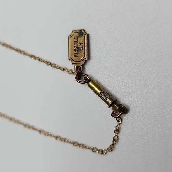 Art Nouveau Necklace Pididdly Links Kingston NY Pink Carved Glass Brass 14" VTG - Picture 3 of 10